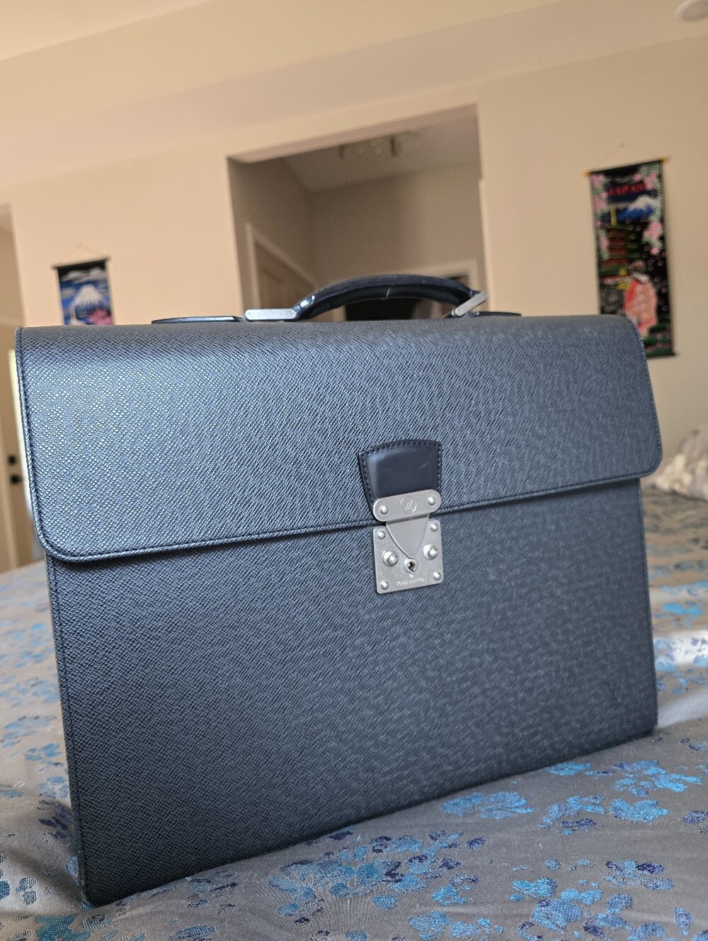 Authentic Men's Black Leather Briefcase with Silver Hardware